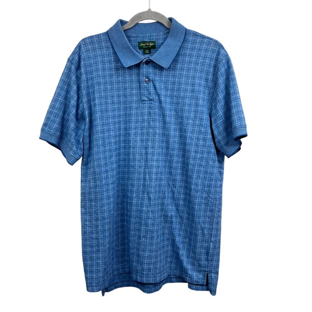 David Taylor Collection Mens Polo Shirt Blue Checkered Short Sleeves Size L*